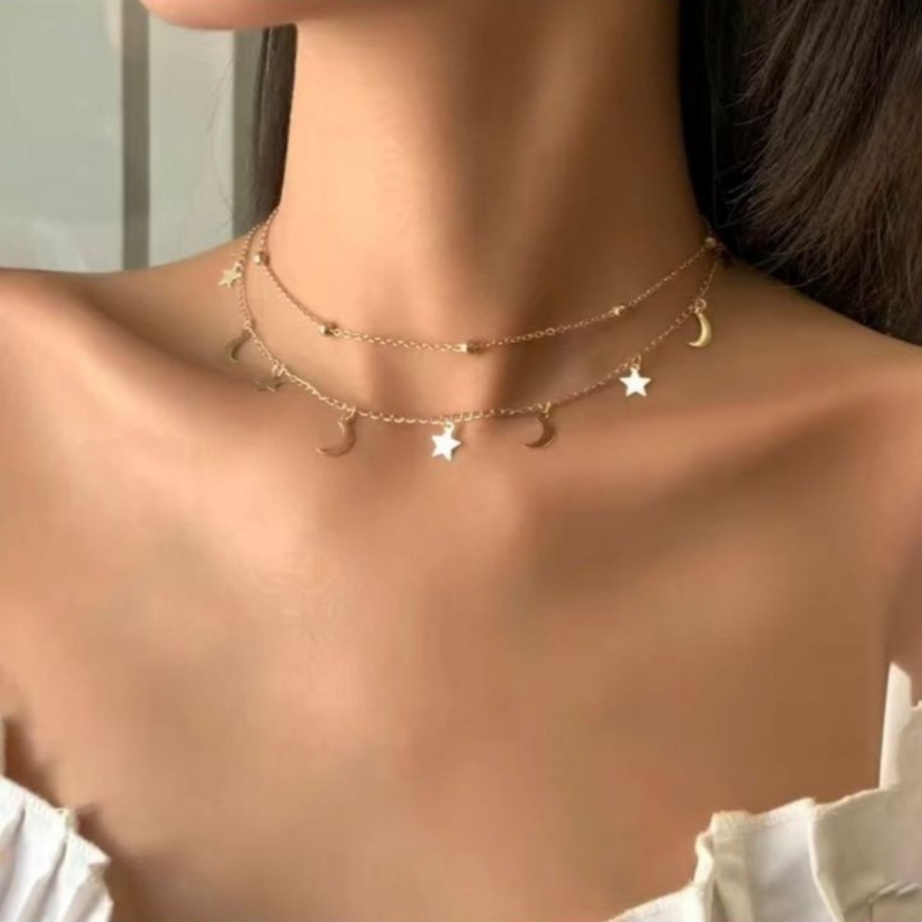 New Brandy Melville Golden Dainty Layered Choker Moons Stars Charms 13$